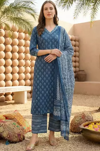 Women Ethnic Motifs Printed Regular Pure Cotton Kurta with Palazzos & With Dupatta