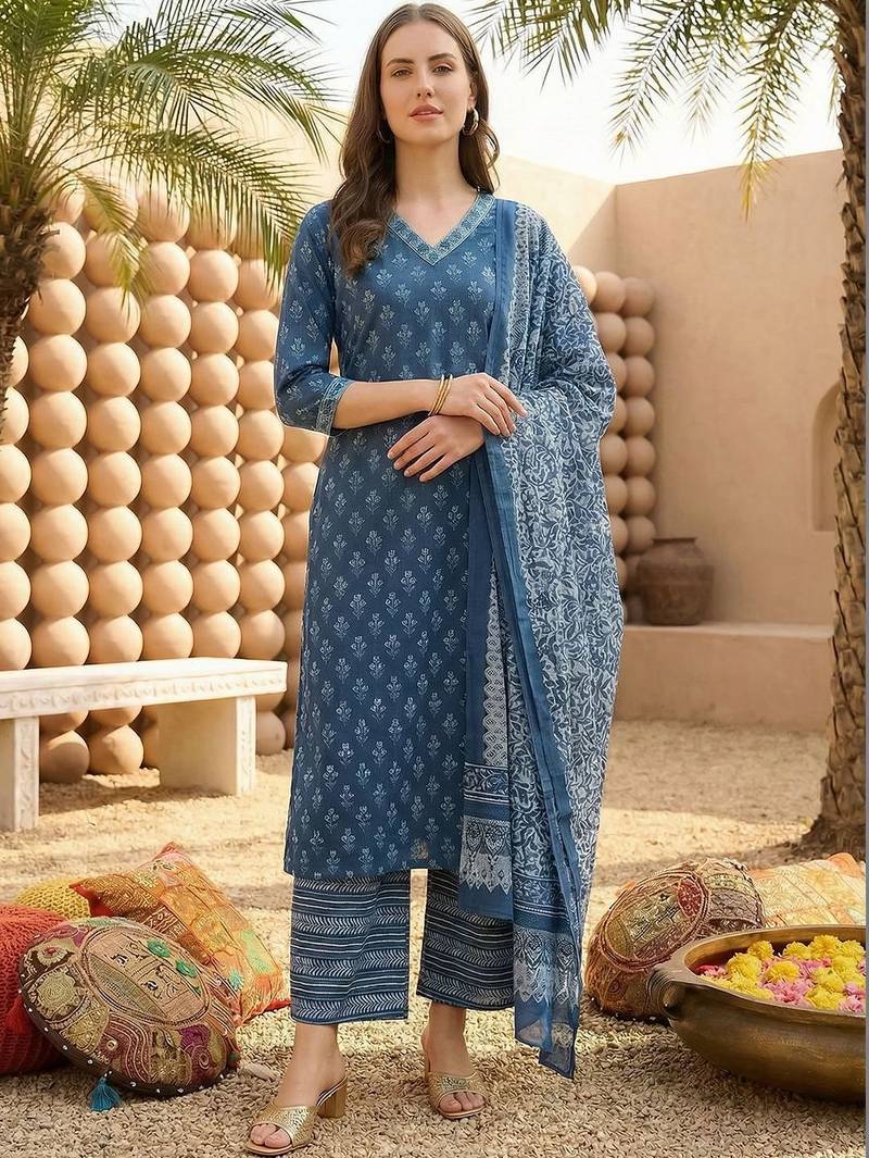 Women Ethnic Motifs Printed Regular Pure Cotton Kurta with Palazzos & With Dupatta