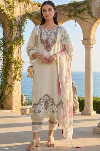 Women Floral Embroidered Regular Thread Work  Cotton Kurta with Trousers & With Dupatta