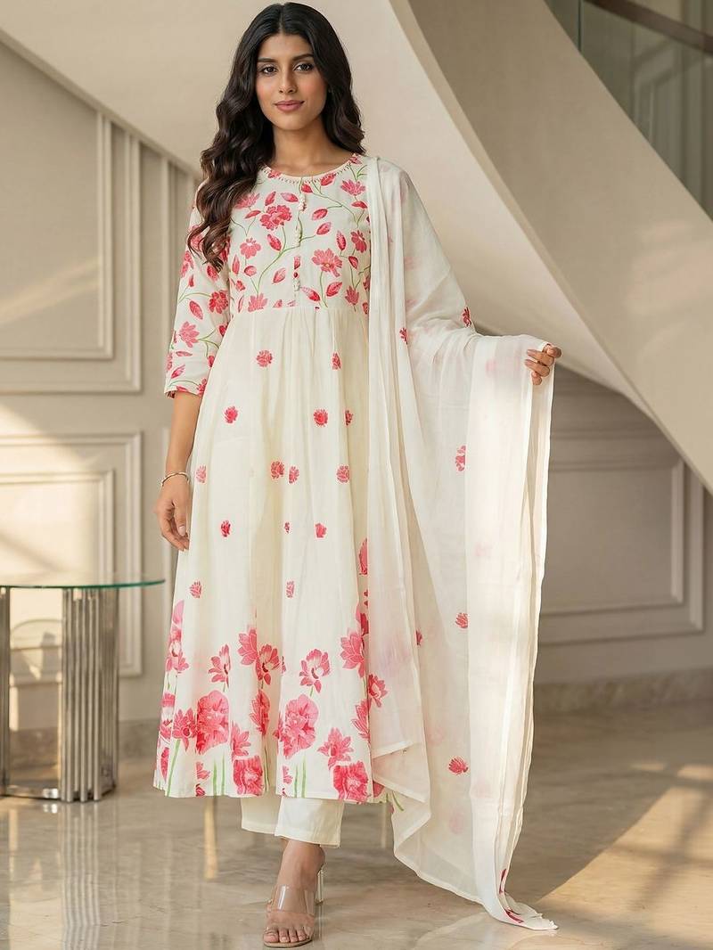 Women Floral Printed Panelled Pure Cotton Kurta with Trousers & With Dupatta