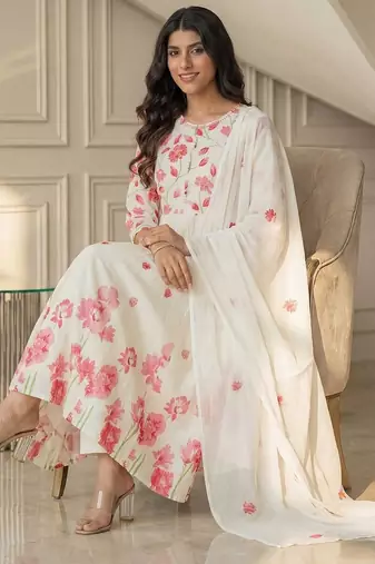 Women Floral Printed Panelled Pure Cotton Kurta with Trousers & With Dupatta