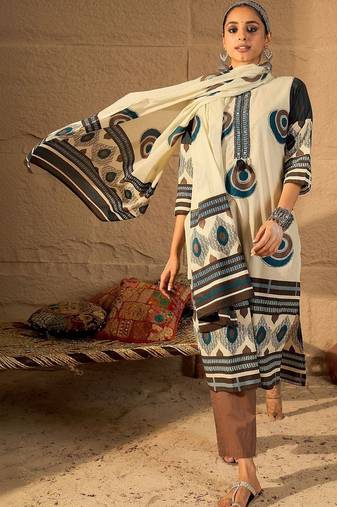Women Printed Regular  Cotton Kurta with Trousers & With Dupatta