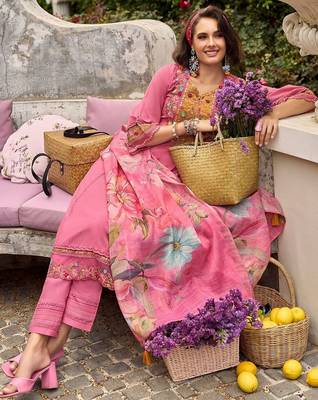 Women Floral Regular Thread Work Pure Cotton Kurta with Trousers & With Dupatta 1
