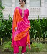 Women Ombre Embroidered Regular Thread Work Kurta with Trousers & With Dupatta