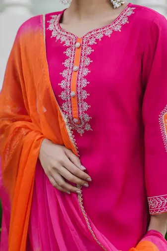 Women Ombre Embroidered Regular Thread Work Kurta with Trousers & With Dupatta