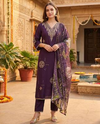 Women Ethnic Motifs Embroidered Regular Thread Work Kurta with Trousers & With Dupatta 1