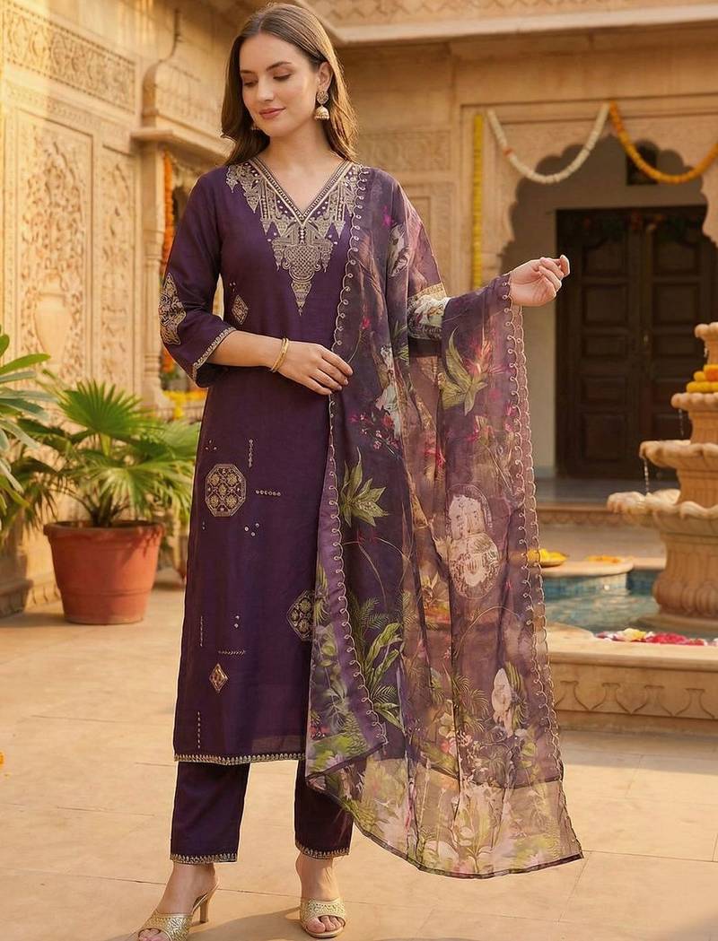Women Ethnic Motifs Embroidered Regular Thread Work Kurta with Trousers & With Dupatta