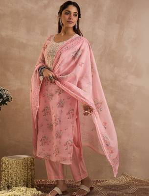 Women Floral Printed Regular Thread Work Linen Kurta with Trousers & With Dupatta 1