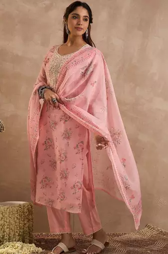 Women Floral Printed Regular Thread Work Linen Kurta with Trousers & With Dupatta