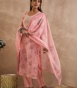 Women Floral Printed Regular Thread Work Linen Kurta with Trousers & With Dupatta