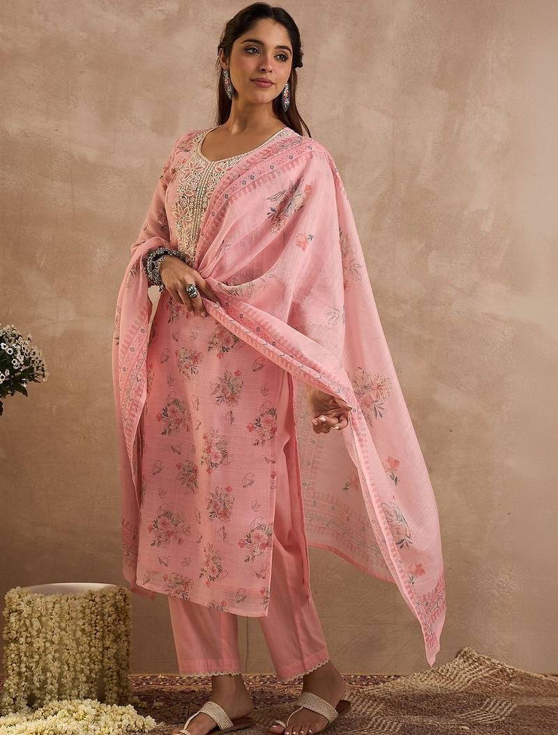 Women Floral Printed Regular Thread Work Linen Kurta with Trousers & With Dupatta
