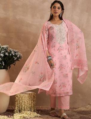 Women Floral Printed Regular Thread Work Linen Kurta with Trousers & With Dupatta 2