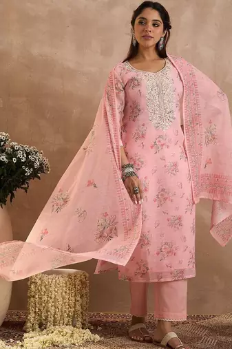 Women Floral Printed Regular Thread Work Linen Kurta with Trousers & With Dupatta