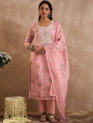 Women Floral Printed Regular Thread Work Linen Kurta with Trousers & With Dupatta 4