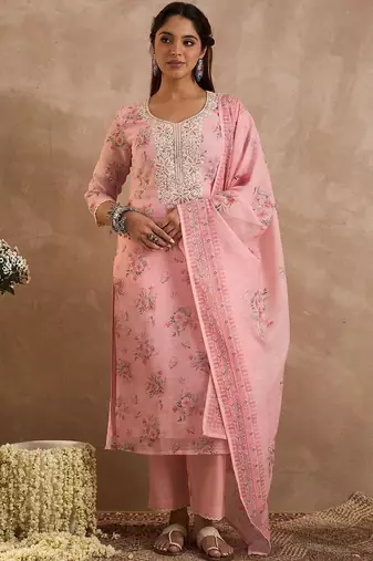 Women Floral Printed Regular Thread Work Linen Kurta with Trousers & With Dupatta