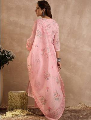 Women Floral Printed Regular Thread Work Linen Kurta with Trousers & With Dupatta 5