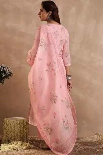 Women Floral Printed Regular Thread Work Linen Kurta with Trousers & With Dupatta