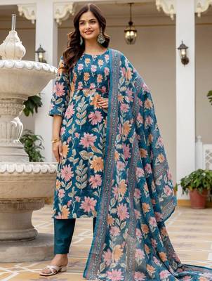 Women Floral Printed Regular Pure Cotton Kurta with Trousers & With Dupatta 1