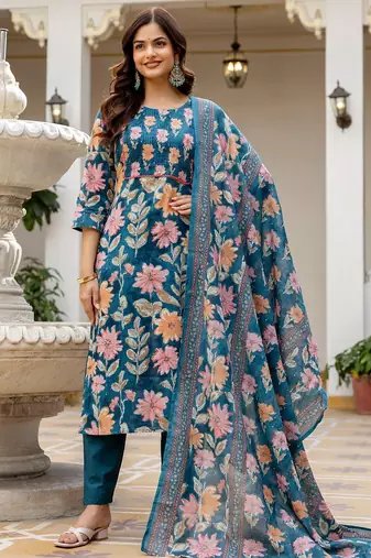 Women Floral Printed Regular Pure Cotton Kurta with Trousers & With Dupatta