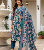 Women Floral Printed Regular Pure Cotton Kurta with Trousers & With Dupatta
