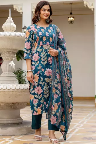 Women Floral Printed Regular Pure Cotton Kurta with Trousers & With Dupatta