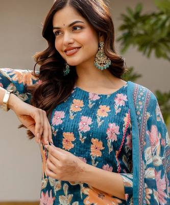 Women Floral Printed Regular Pure Cotton Kurta with Trousers & With Dupatta 5