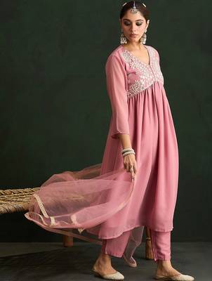 Women Floral Embroidered Empire Thread Work Kurta with Trousers & With Dupatta 1