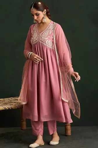 Women Floral Embroidered Empire Thread Work Kurta with Trousers & With Dupatta