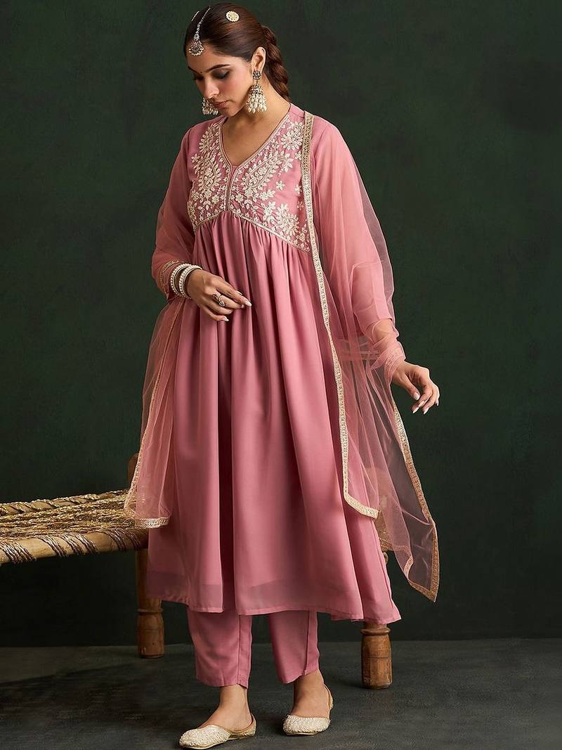 Women Floral Embroidered Empire Thread Work Kurta with Trousers & With Dupatta