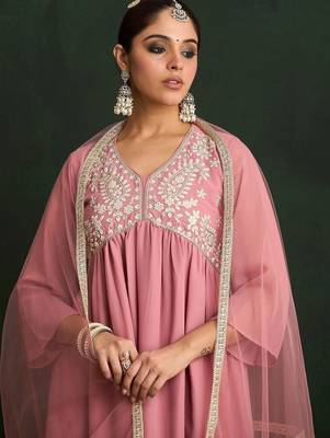 Women Floral Embroidered Empire Thread Work Kurta with Trousers & With Dupatta 5