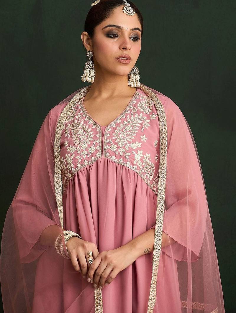 Women Floral Embroidered Empire Thread Work Kurta with Trousers & With Dupatta