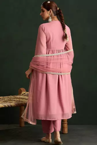 Women Floral Embroidered Empire Thread Work Kurta with Trousers & With Dupatta