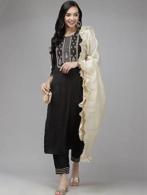 Women Ethnic Motifs Embroidered Regular Thread Work Liva Kurta with Trousers & With Dupatta 3