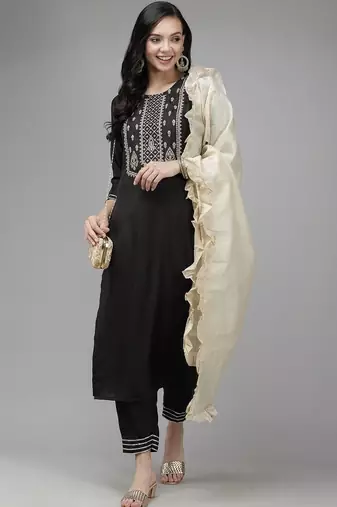 Women Ethnic Motifs Embroidered Regular Thread Work Liva Kurta with Trousers & With Dupatta