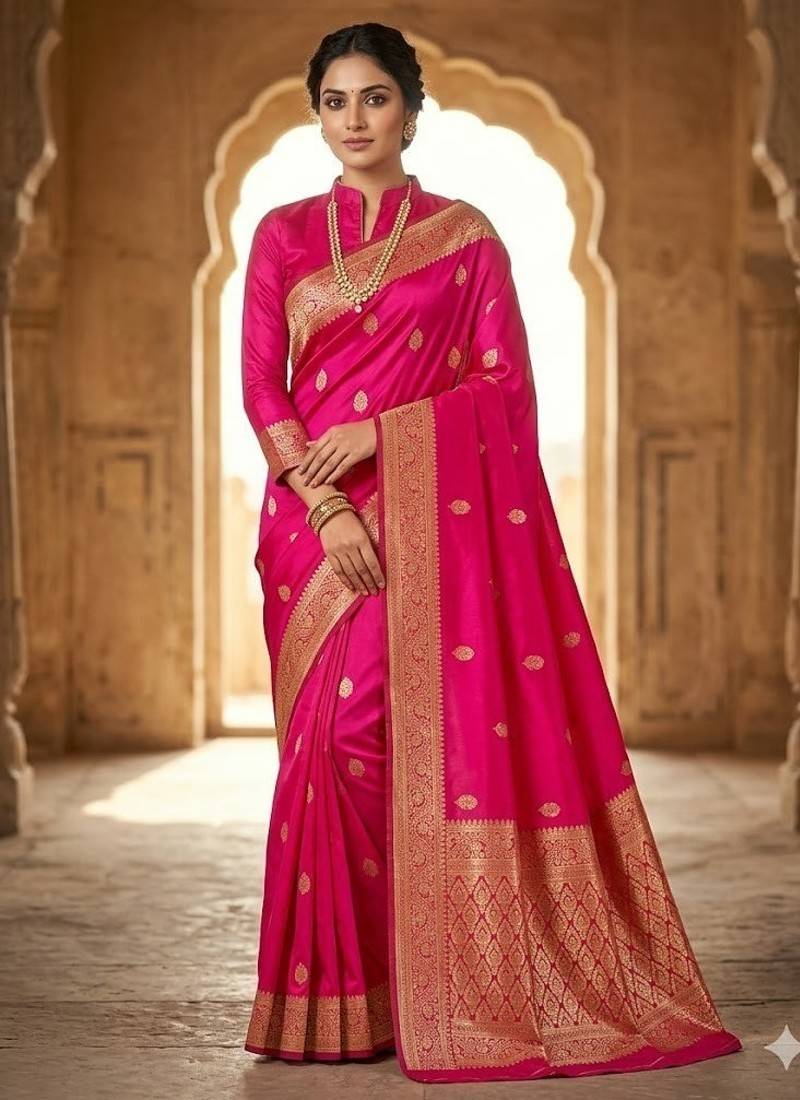 Pink color art silk blend sarees with blouse
