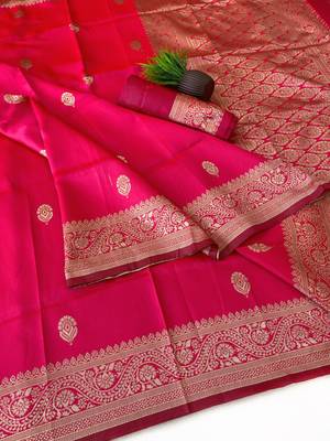 Pink color art silk blend sarees with blouse 4
