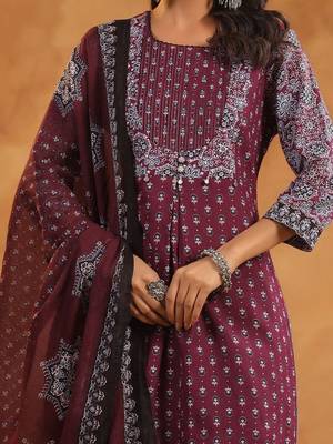 Women Ethnic Motifs Printed Regular Thread Work Pure Cotton Kurta with Trousers & With Dupatta 2