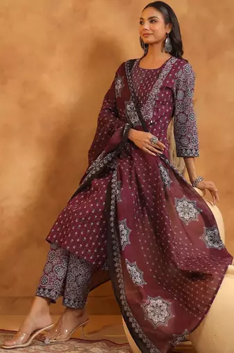 Women Ethnic Motifs Printed Regular Thread Work Pure Cotton Kurta with Trousers & With Dupatta