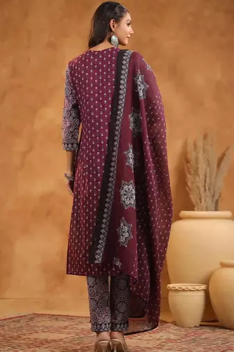 Women Ethnic Motifs Printed Regular Thread Work Pure Cotton Kurta with Trousers & With Dupatta