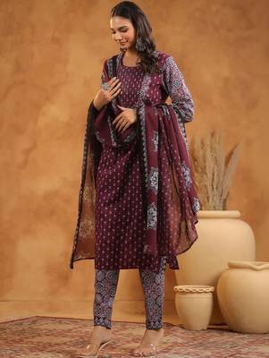 Women Ethnic Motifs Printed Regular Thread Work Pure Cotton Kurta with Trousers & With Dupatta 5