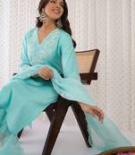 Women Floral Embroidered Regular Thread Work Liva Kurta with Trousers & With Dupatta