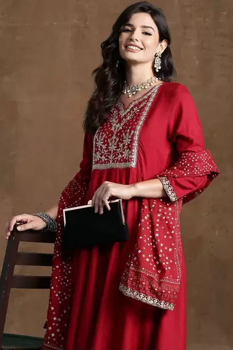 Women Ethnic Motifs Embroidered Panelled Thread Work Kurta with Trousers & With Dupatta