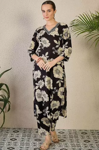 Women Floral Printed Regular Thread Work Pure Cotton Kurta with Trousers