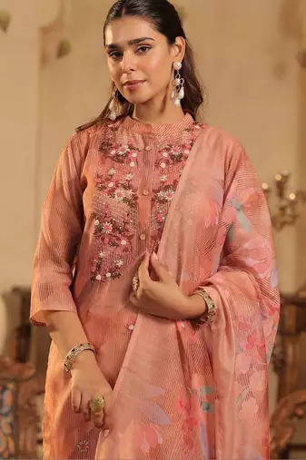 Women Floral Embroidered Regular Thread Work Chanderi Cotton Kurta with Trousers & With Dupatta