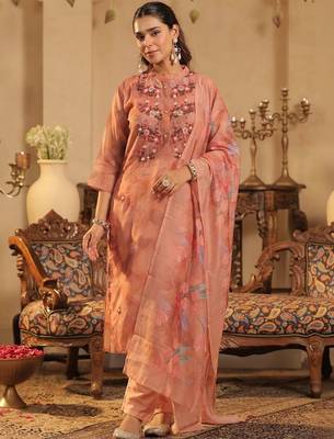 Women Floral Embroidered Regular Thread Work Chanderi Cotton Kurta with Trousers & With Dupatta 3