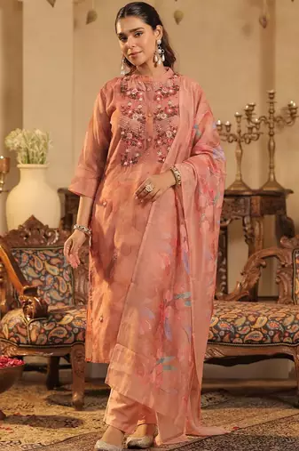 Women Floral Embroidered Regular Thread Work Chanderi Cotton Kurta with Trousers & With Dupatta
