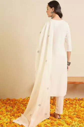 Women Ethnic Motifs Embroidered Regular Thread Work Pure Cotton Kurta with Trousers & With Dupatta