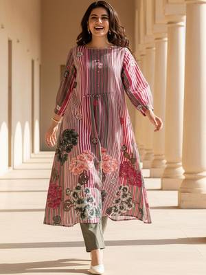 Floral Printed Round Neck Pure Cotton Kurta With Trouser 1