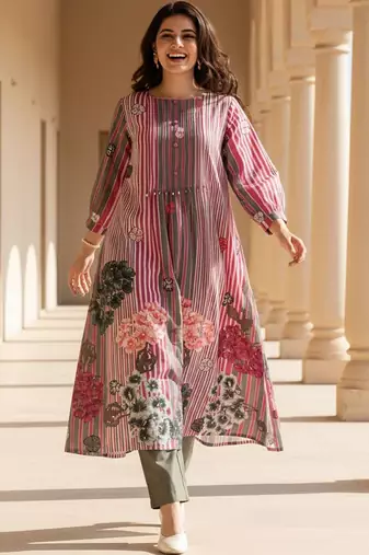 Floral Printed Round Neck Pure Cotton Kurta With Trouser