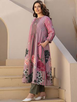 Floral Printed Round Neck Pure Cotton Kurta With Trouser 5